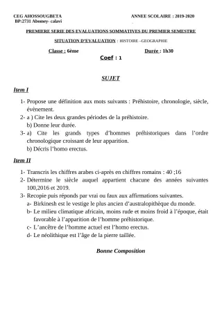 Première page de Histoire-Géographie 6e — 1re évaluation sommative, 1er semestre (2019-2020) · CEG Ahossougbéta