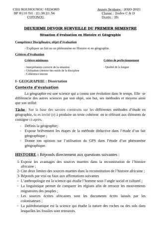 Première page de Histoire-Géographie 2nde C, 2nde D — 2e devoir surveillé, 1er semestre (2020-2021) · CEG Kouhounou-Vêdoko