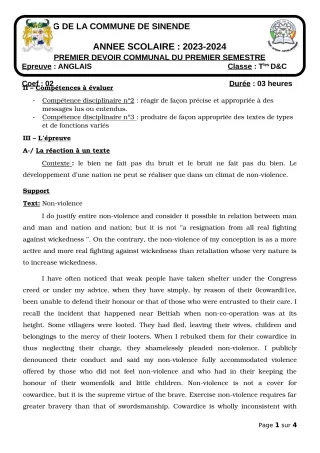 Première page de Anglais Tle D — 1er devoir surveillé, 1er semestre (2023-2024) · CEG SEKERE