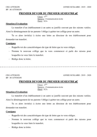 Première page de Français 4e, 4e ML — 1er devoir surveillé, 1er semestre (2019-2020) · CEG Attogon