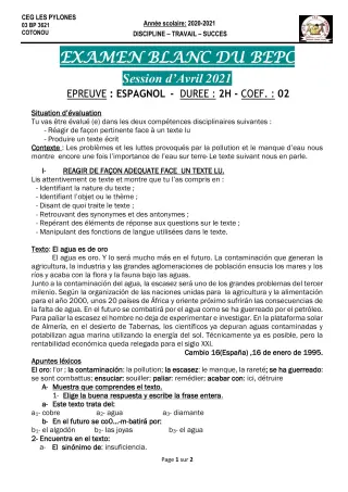 Première page de Examen Blanc de ESPAGNOL — 3e ML — CEG Les Pylônes (2020)