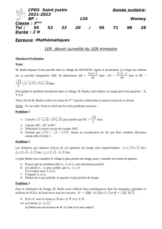 Première page de Mathématiques 3e — 1er devoir surveillé, 1er trimestre (2021-2022) · CPEG SAINT Justin