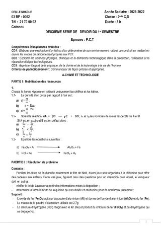 Première page de PCT 2nde C, 2nde D — 2e devoir surveillé, 1er semestre (2022-2023) · CEG LE NOKOUE