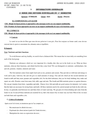 Première page de Anglais 3e, 3e ML — 2e devoir surveillé, 1er semestre (2022-2023) · CEG LE NOKOUE