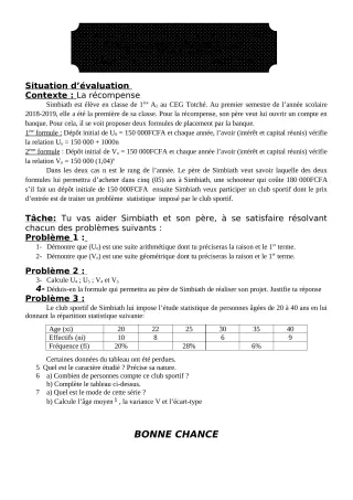 Première page de Mathématiques 1ère A1, 1ère A2 — 1er devoir surveillé, 2e semestre (2018-2019) · ceg ouenou