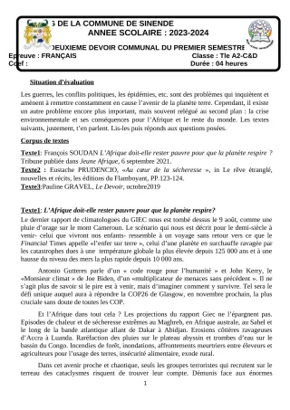 Première page de Français Tle A2, Tle D — 2e devoir surveillé, 1er semestre (2023-2024) · CEG SEKERE