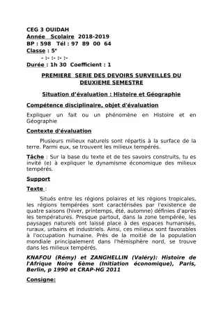 Première page de Histoire-Géographie 5e — 1er devoir surveillé, 2e semestre (2018-2019) · CEG3 OUIDAH