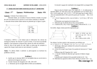 Première page de Mathématiques 3e, 3e ML — 1er devoir surveillé, 2e semestre (2018-2019) · CEG1 Kalalé