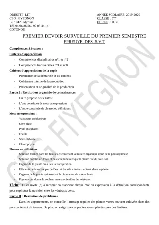 Première page de SVT 5e — 1er devoir surveillé, 1er semestre (2019-2020) · CEG FIYEGNON