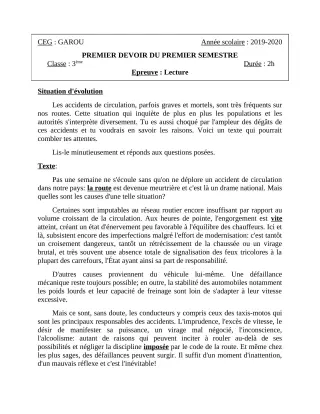 Première page de Français 3e — 1er devoir surveillé, 1er semestre (2019-2020) · CEG GAROU