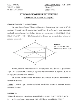 Première page de Mathématiques 5e — 2e devoir surveillé, 2e semestre (2019-2020) · CEG Yagbe