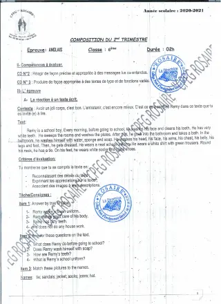 Première page de Anglais 6e — Composition, 2e trimestre (2020-2021) · CPEG ROSAIRE