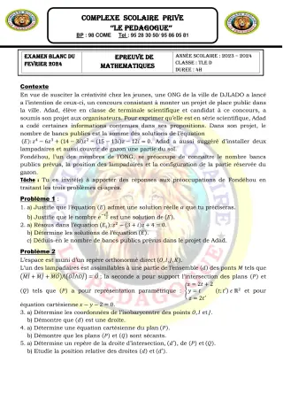Première page de Examen Blanc de MATHS GENE — Tle A2, Tle B — CPEG le PEDAGOGUE (2023)