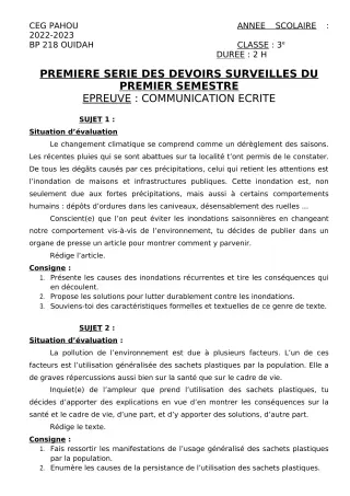 Première page de Français 3e — 1er devoir surveillé, 1er semestre (2022-2023) · CEG PAHOU