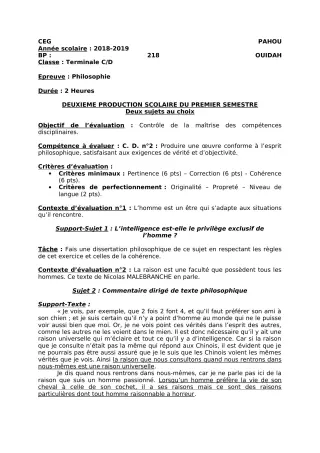 Première page de Philosophie Tle C, Tle D — 2e production scolaire, 1er semestre (2018-2019) · CEG PAHOU