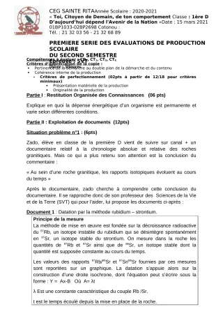 Première page de SVT 1ère D — Production scolaire, 2e semestre (2020-2021) · CEG Sainte Rita