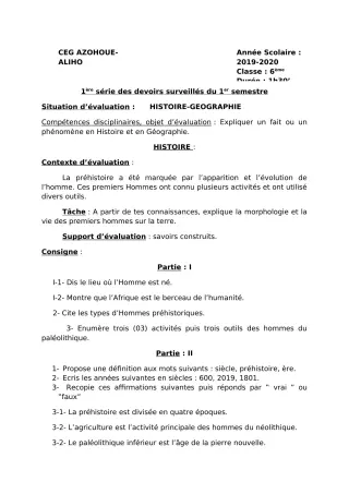 Première page de Histoire-Géographie 6e — 1er devoir surveillé, 1er semestre (2019-2020) · CEG AZOHOUE-ALIHO