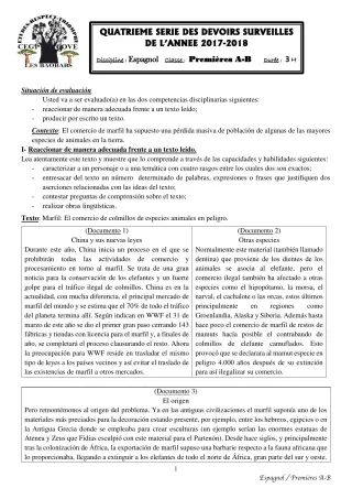 Première page de Espagnol 1ère A1, 1ère A2, 1ère B — Devoir surveillé (2017-2018) · CEG1 Covè