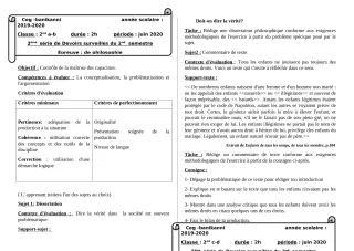 Première page de Philosophie 2nde A2, 2nde B, 2nde C, 2nde D, 1ère A2, 1ère B, 1ère C, 1ère D, Tle A2, Tle B, Tle C, Tle D — 2e devoir surveillé, 2e semestre (2019-2020) · CEG Banikanni