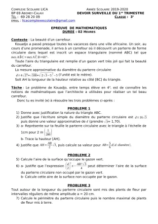 Première page de Mathématiques 3e, 3e ML — 1er devoir surveillé, 1er trimestre (2019-2020) · CPEG LICA