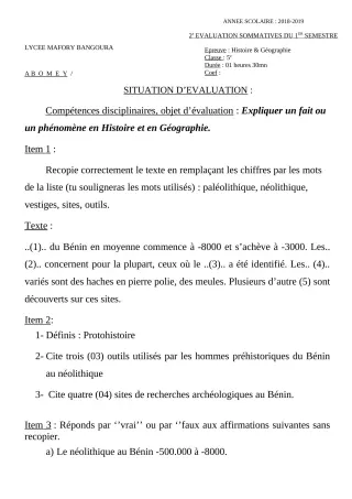 Première page de Histoire-Géographie 5e — 2e évaluation sommative, 1er semestre (2018-2019) · Lycée Houegbadja d'Abomey (Ex Mafory Bangoura)