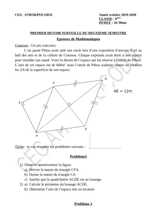 Première page de Mathématiques 6e — 1er devoir surveillé, 2e semestre (2019-2020) · CEG ATROKPOCODJI