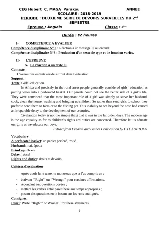 Première page de Anglais 4e, 4e ML — 2e devoir surveillé, 2e semestre (2018-2019) · CEG Hubert C. MAGA