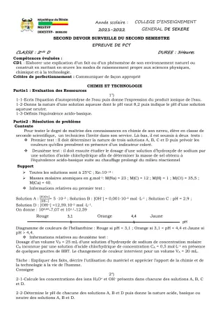 Première page de PCT 2nde D — 2e devoir surveillé, 2e semestre (2021-2022) · CEG SEKERE