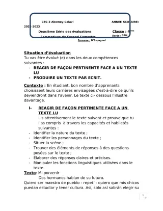 Première page de Espagnol 4e — 2e évaluation sommative, 2e semestre (2022-2023) · CEG2 ABOMEY - CALAVI (CEG ZOCA)