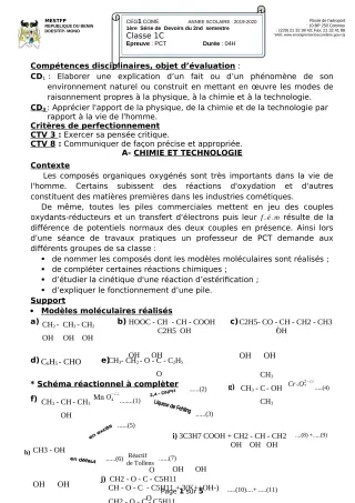 Première page de PCT 1ère C — 1er devoir surveillé, 2e semestre (2019-2020) · CEG 1 Comè