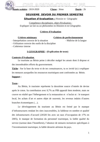 Première page de Histoire-Géographie 3e, 3e ML — 2e devoir surveillé, 1er semestre (2019-2020) · CEG ADJOVICODJI 'LES OLIVIERS'