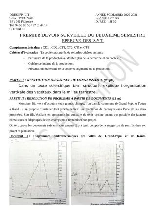 Première page de SVT 2nde A2, 2nde B — 1er devoir surveillé, 2e semestre (2020-2021) · CEG FIYEGNON