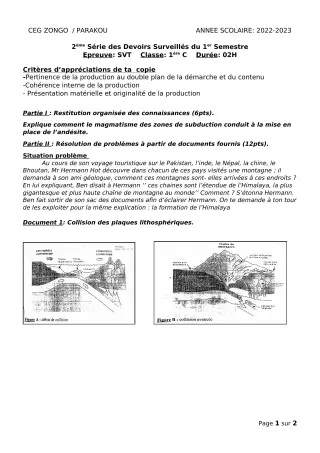 Première page de SVT 1ère C — 2e devoir surveillé, 1er semestre (2022-2023) · CEG ZONGO