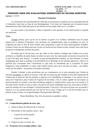Première page de Français 4e, 4e ML — 1re évaluation sommative, 2e semestre (2019-2020) · CEG Ahossougbéta