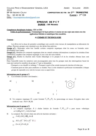 Première page de PCT 1ère C, 1ère D — 1re composition, 2e trimestre (2019-2020) · CPEG LICA