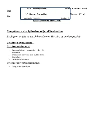 Première page de Histoire-Géographie 1ère C, 1ère D — 1er devoir surveillé, 1er semestre (2018-2019) · CEG2 ABOMEY - CALAVI (CEG ZOCA)