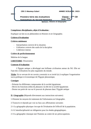 Première page de Histoire-Géographie 2nde C — 1re évaluation sommative, 2e semestre (2022-2023) · CEG2 ABOMEY - CALAVI (CEG ZOCA)