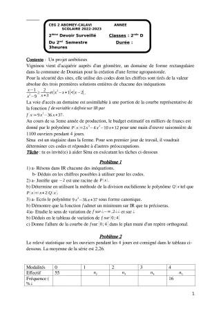 Première page de Mathématiques 2nde D — Devoir surveillé, 2e semestre (2022-2023) · CEG2 ABOMEY - CALAVI (CEG ZOCA)