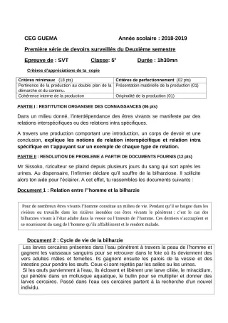 Première page de SVT 5e — 1er devoir surveillé, 2e semestre (2018-2019) · ceg guema