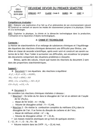 Première page de PCT 2nde D — 2e devoir surveillé, 1er semestre (2019-2020) · CEG 2 Djougou