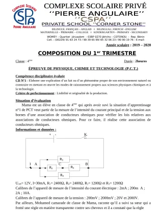 Première page de PCT 4e — Composition, 1er trimestre (2019-2020) · CPEG PIERRE ANGULAIRE