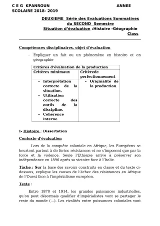 Première page de Histoire-Géographie 3e — 2e évaluation sommative, 2e semestre (2018-2019) · CEG Kpanroun