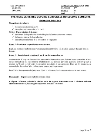 Première page de SVT 3e, 3e ML — 1er devoir surveillé, 2e semestre (2020-2021) · CEG HOUEYIHO