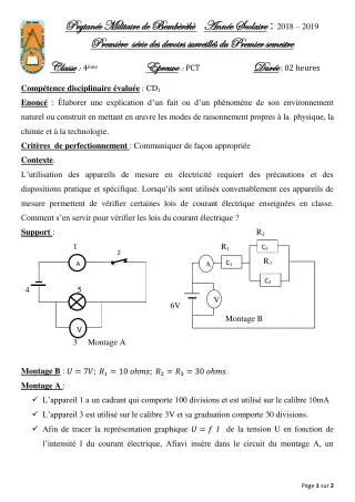 Première page de PCT 4e — 1er devoir surveillé, 1er semestre (2018-2019) · PMB