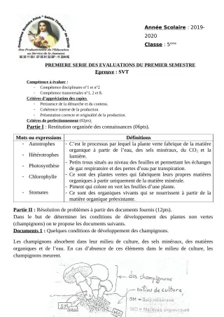 Première page de SVT 5e — 1re évaluation sommative, 1er semestre (2019-2020) · CPEG Ste Thérèse de Zinvié