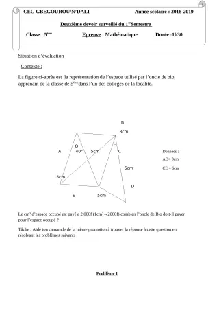 Première page de Mathématiques 5e — 2e devoir surveillé (2018-2019) · CEG Gbegourou