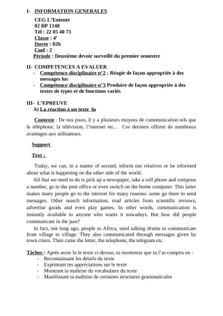 Première page de Anglais 4e ML&MC — 2e devoir surveillé, 1er semestre (2018-2019) · CEG L'Entente