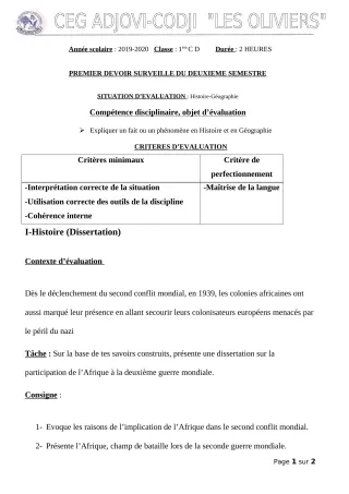 Première page de Histoire-Géographie 1ère D — 1er devoir surveillé, 2e semestre (2019-2020) · CEG ADJOVICODJI 'LES OLIVIERS'