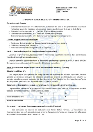 Première page de SVT 2nde C, 2nde D — 1er devoir surveillé, 2e trimestre (2019-2020) · CPEG LE PHARAON