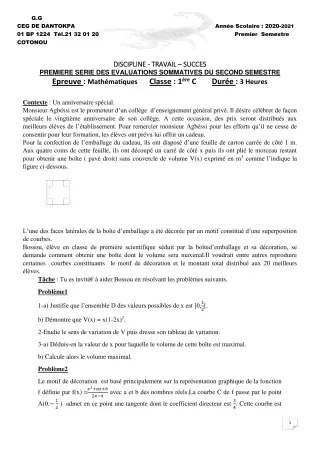 Première page de Mathématiques 1ère C — 1re évaluation sommative, 1er semestre (2020-2021) · CEG Dantokpa